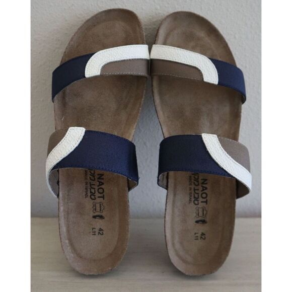 Naot Women's Sz 42 US 11 White/Blue/Khaki Leather Frankie Slide Sandals $140 - Picture 2 of 8